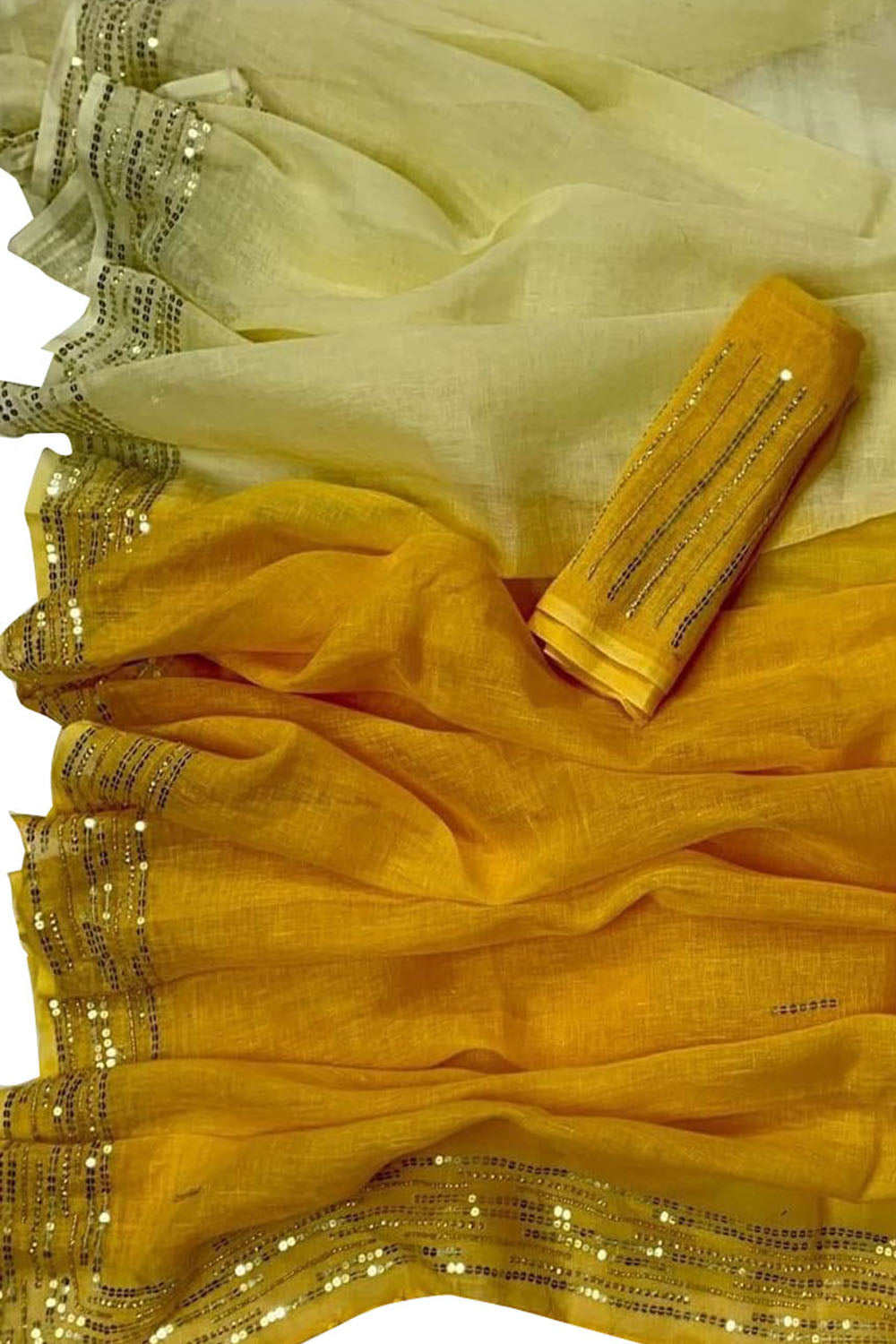 Shop the Latest Yellow Pure Linen Sequins Hand Work Saree Online - Luxurion World
