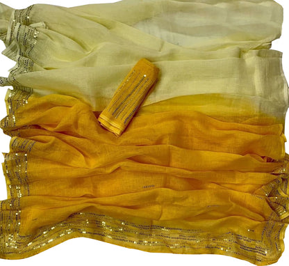 Shop the Latest Yellow Pure Linen Sequins Hand Work Saree Online - Luxurion World
