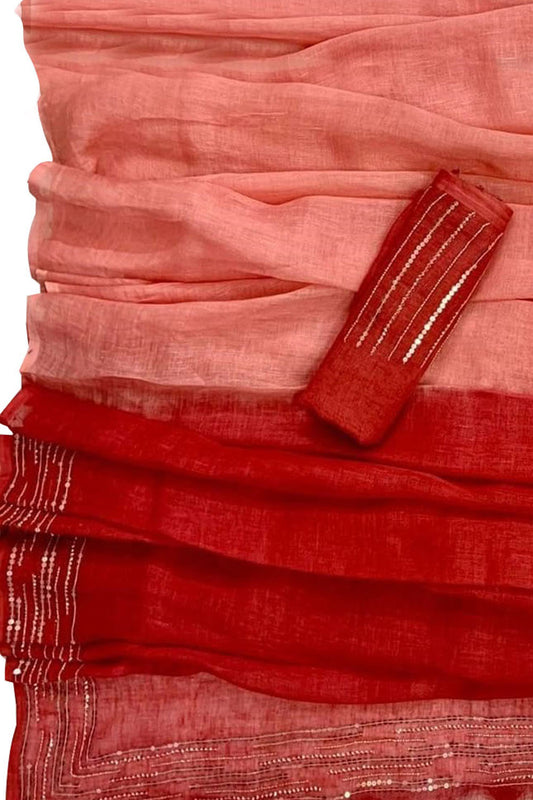 Shop the Latest Red Pure Linen Sequins Hand Work Saree Online - Luxurion World