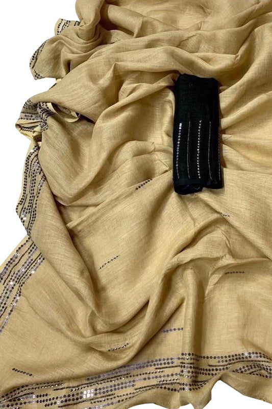 Shop the Latest Pastel and Black Pure Linen Sequins Hand Work Saree - Luxurion World