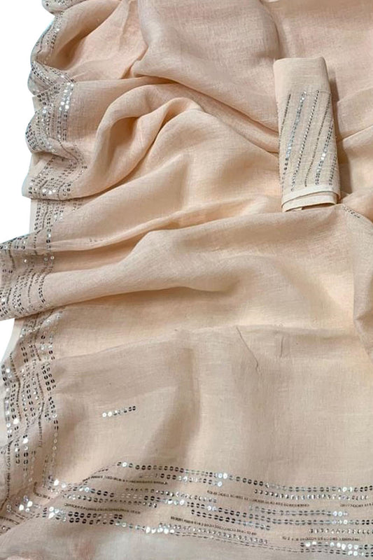 Shop the Latest Pastel Pure Linen Sequins Hand Work Saree Online