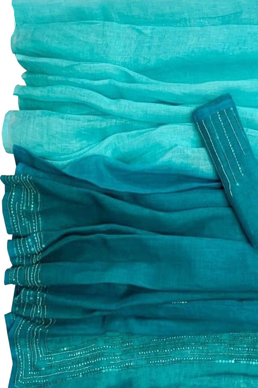 Shop the Latest Blue Pure Linen Sequins Hand Work Saree Online
