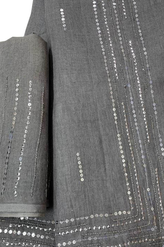 Shop Grey Pure Linen Sequins Hand Work Saree - Elegant and Stylish