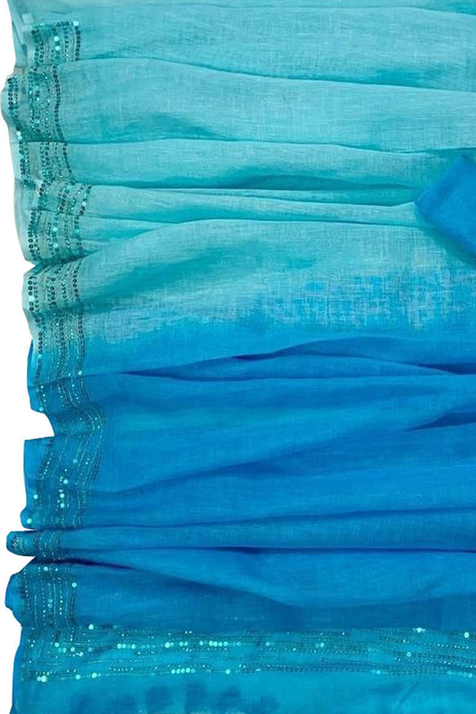 Shop the Latest Blue Pure Linen Sequins Hand Work Saree Online - Luxurion World