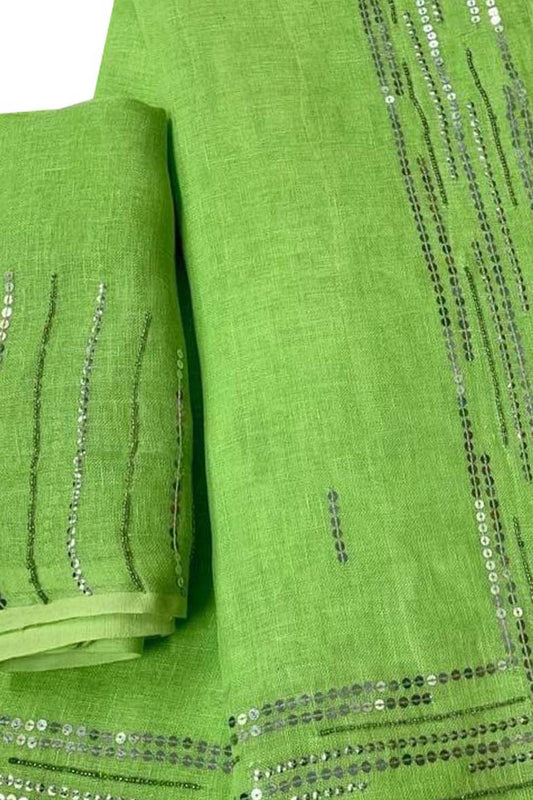Shop the Latest Green Pure Linen Sequins Hand Work Saree Online