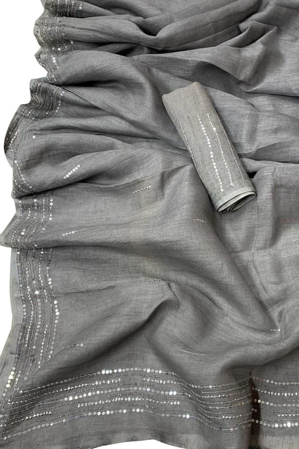 Shop the Latest Grey Pure Linen Sequins Hand Work Saree Online - Luxurion World