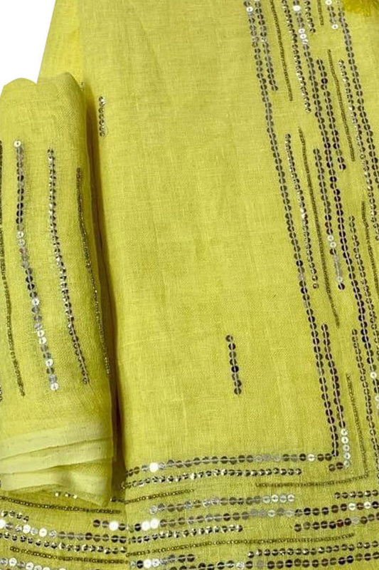 Shop the Latest Yellow Pure Linen Sequins Hand Work Saree Online - Luxurion World