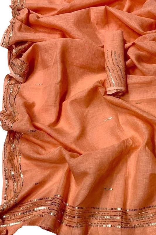 Shop the Latest Orange Pure Linen Sequins Hand Work Saree Online - Luxurion World