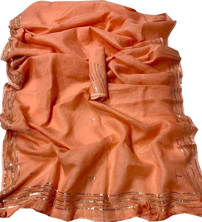 Shop the Latest Orange Pure Linen Sequins Hand Work Saree Online - Luxurion World