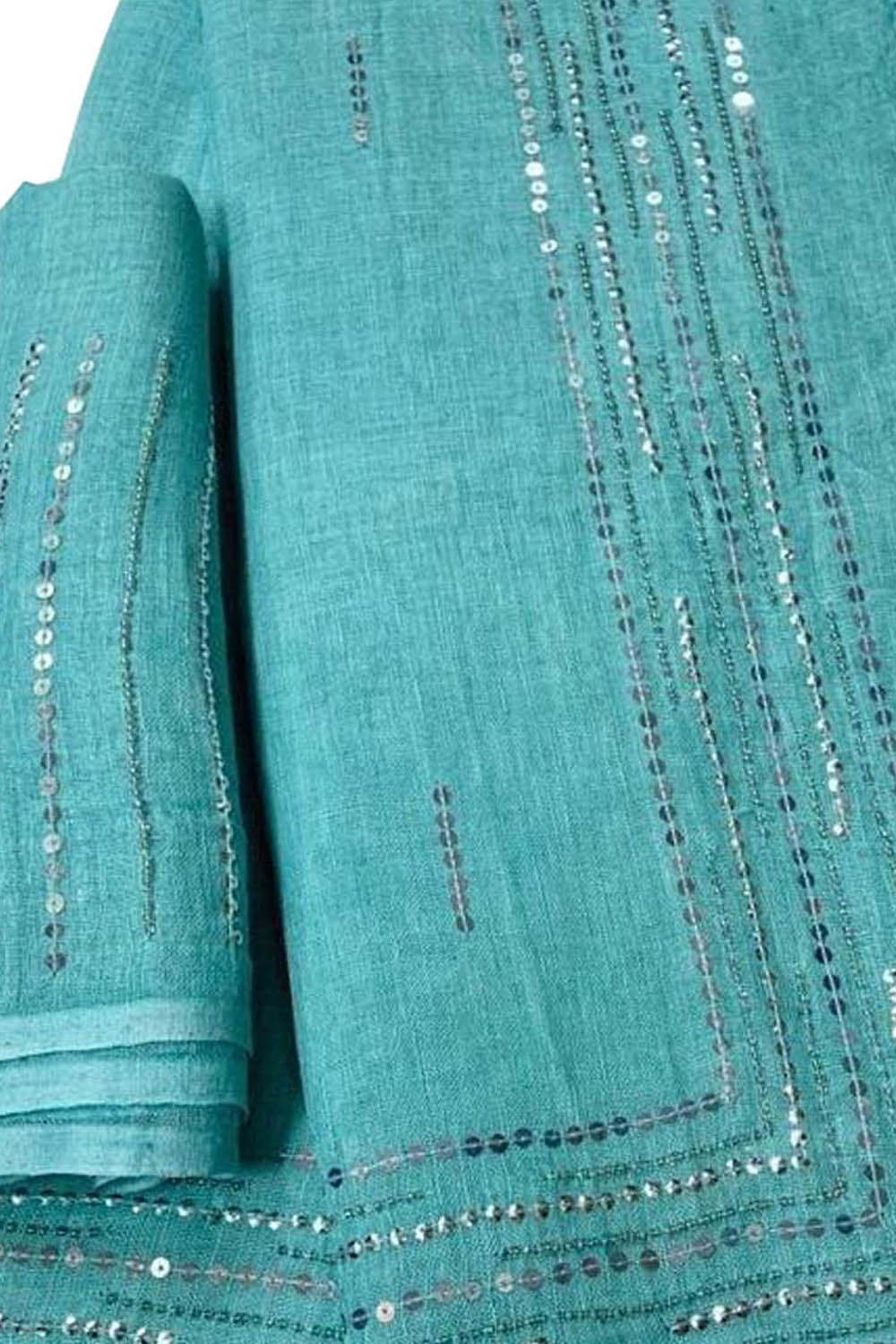 Shop the Latest Blue Pure Linen Sequins Hand Work Saree Online - Luxurion World