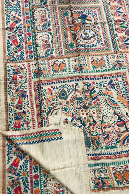 Exquisite Pastel Madhubani Tussar Ghicha Silk Saree - Hand Painted Beauty - Luxurion World