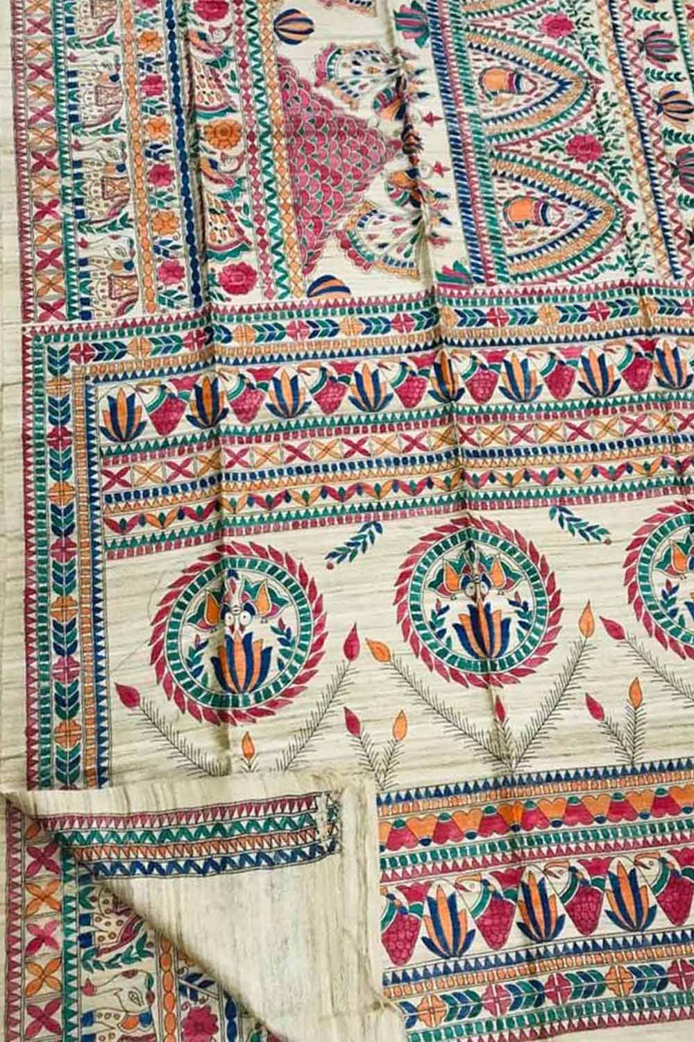 Hand-Painted Madhubani Tussar Ghicha Silk Saree in Pastel Hues - Luxurion World