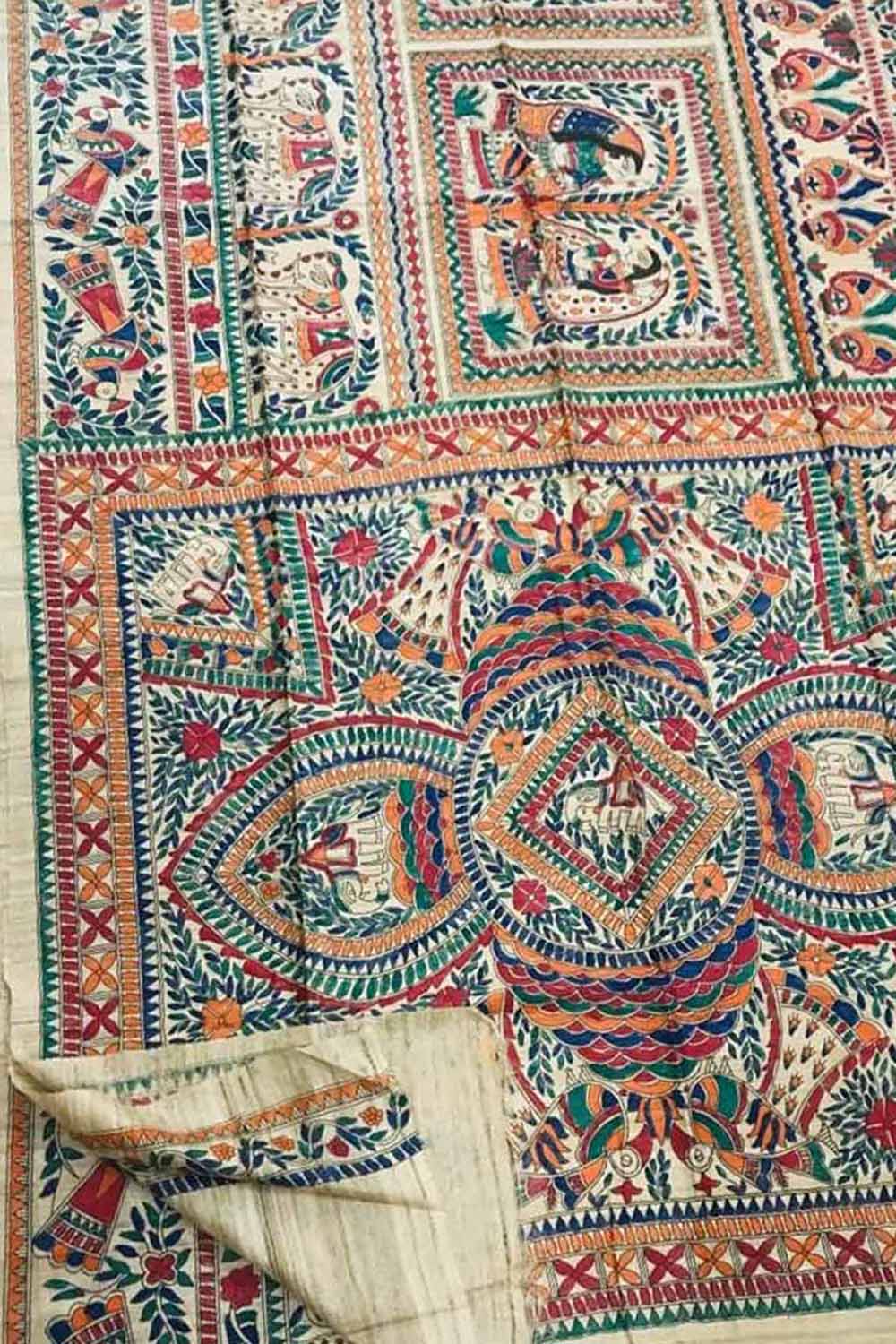 Exquisite Pastel Madhubani Tussar Ghicha Silk Saree - Hand Painted Beauty - Luxurion World