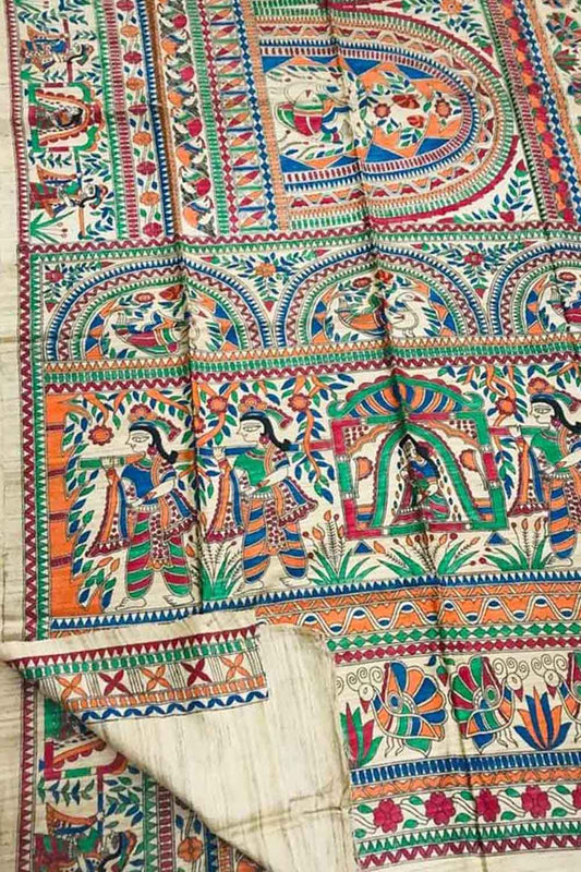 Madhubani Tussar Ghicha Silk Saree: Hand-Painted Pastel Beauty - Luxurion World