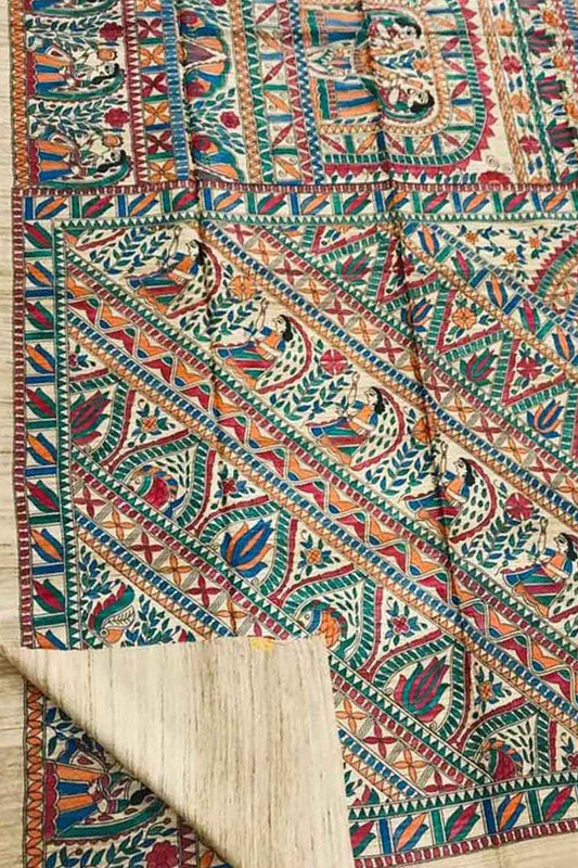 Exquisite Pastel Madhubani Tussar Ghicha Silk Saree - Hand Painted Beauty - Luxurion World