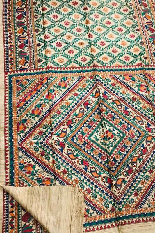 Exquisite Pastel Madhubani Tussar Ghicha Silk Saree - Hand Painted Beauty - Luxurion World