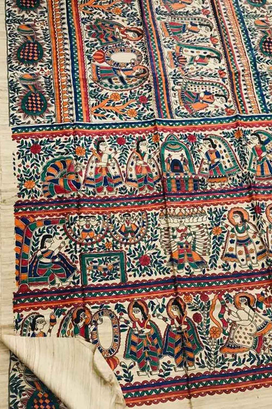 Exquisite Pastel Madhubani Tussar Ghicha Silk Saree - Hand Painted Beauty - Luxurion World