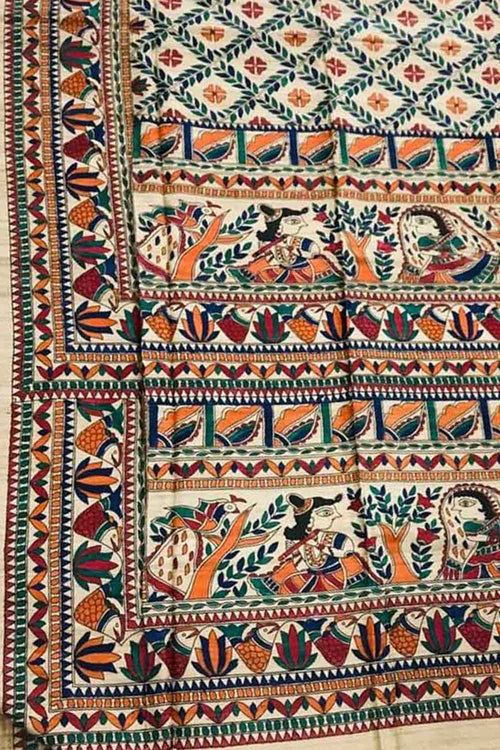 Exquisite Pastel Madhubani Tussar Ghicha Silk Saree - Hand Painted Beauty - Luxurion World