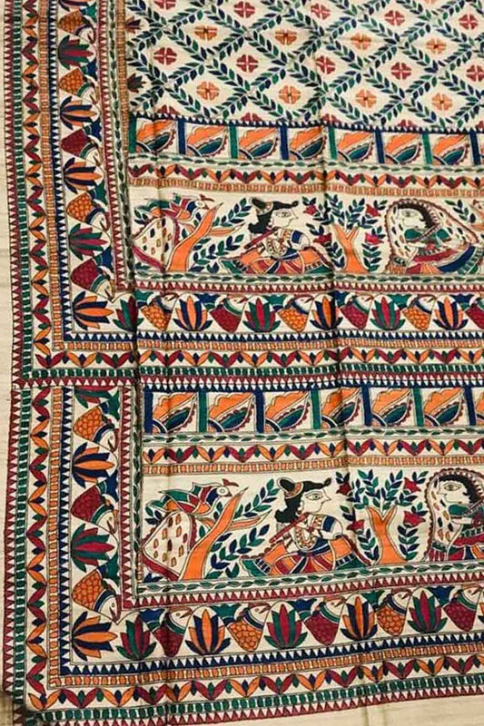 Exquisite Pastel Madhubani Tussar Ghicha Silk Saree - Hand Painted Beauty - Luxurion World