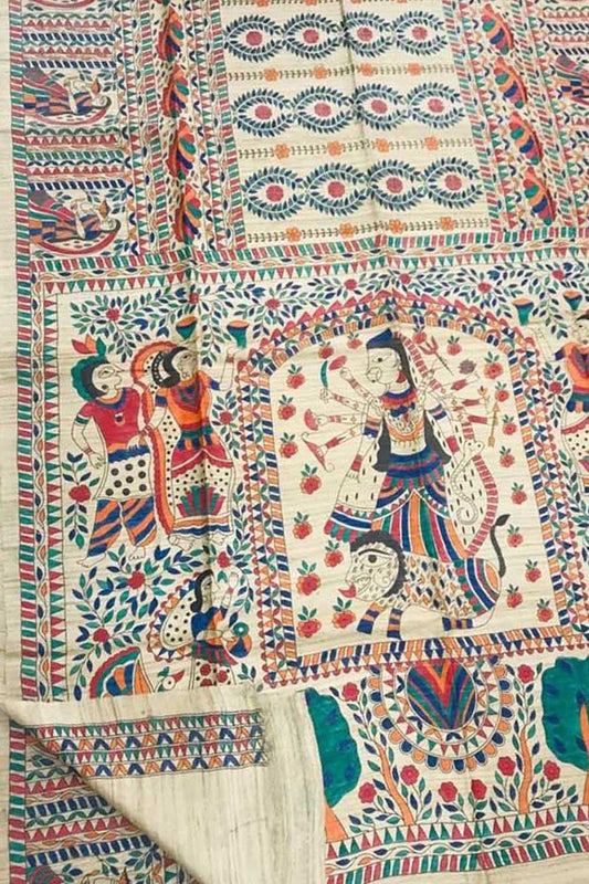 Exquisite Madhubani Tussar Ghicha Silk Saree with Pastel Hand Painted Design - Luxurion World