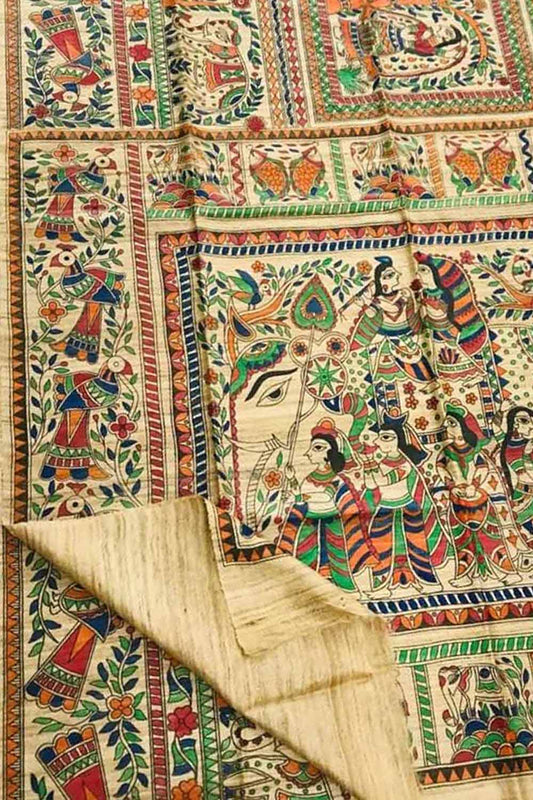 Exquisite Pastel Madhubani Tussar Ghicha Silk Saree - Hand Painted Beauty - Luxurion World