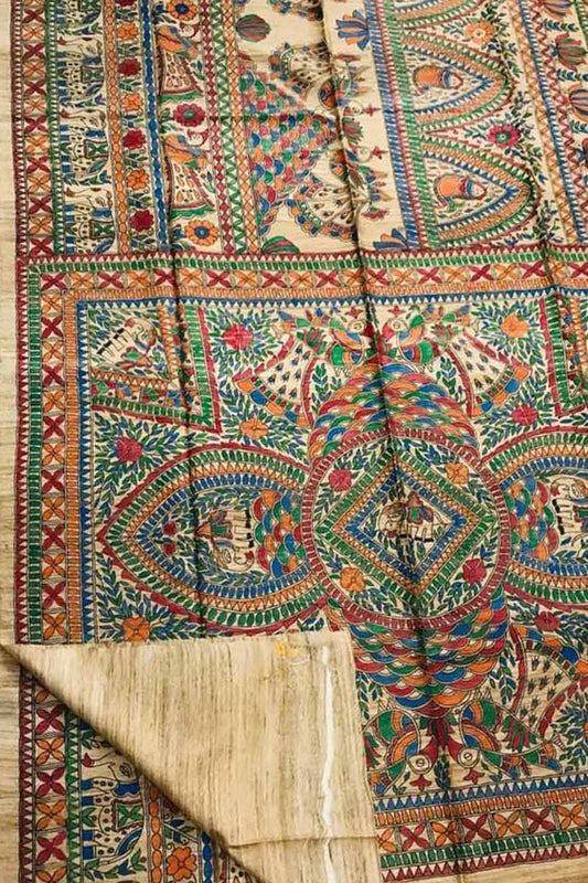 Exquisite Pastel Madhubani Tussar Ghicha Silk Saree - Hand Painted Beauty - Luxurion World