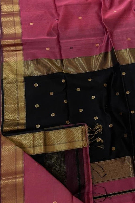Stunning Pink and Black Maheshwari Silk Cotton Saree - Handloom Woven