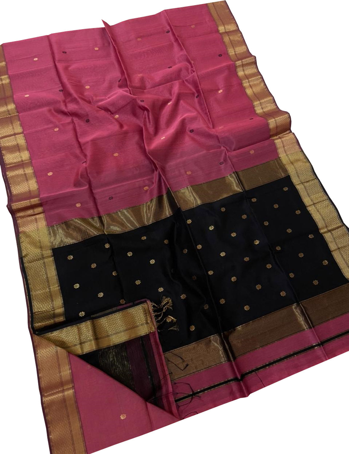 Stunning Pink and Black Maheshwari Silk Cotton Saree - Handloom Woven