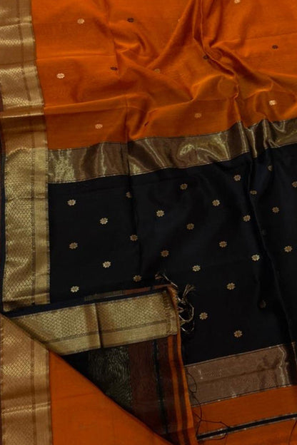 Stunning Orange and Black Maheshwari Silk Cotton Saree - Handloom Beauty