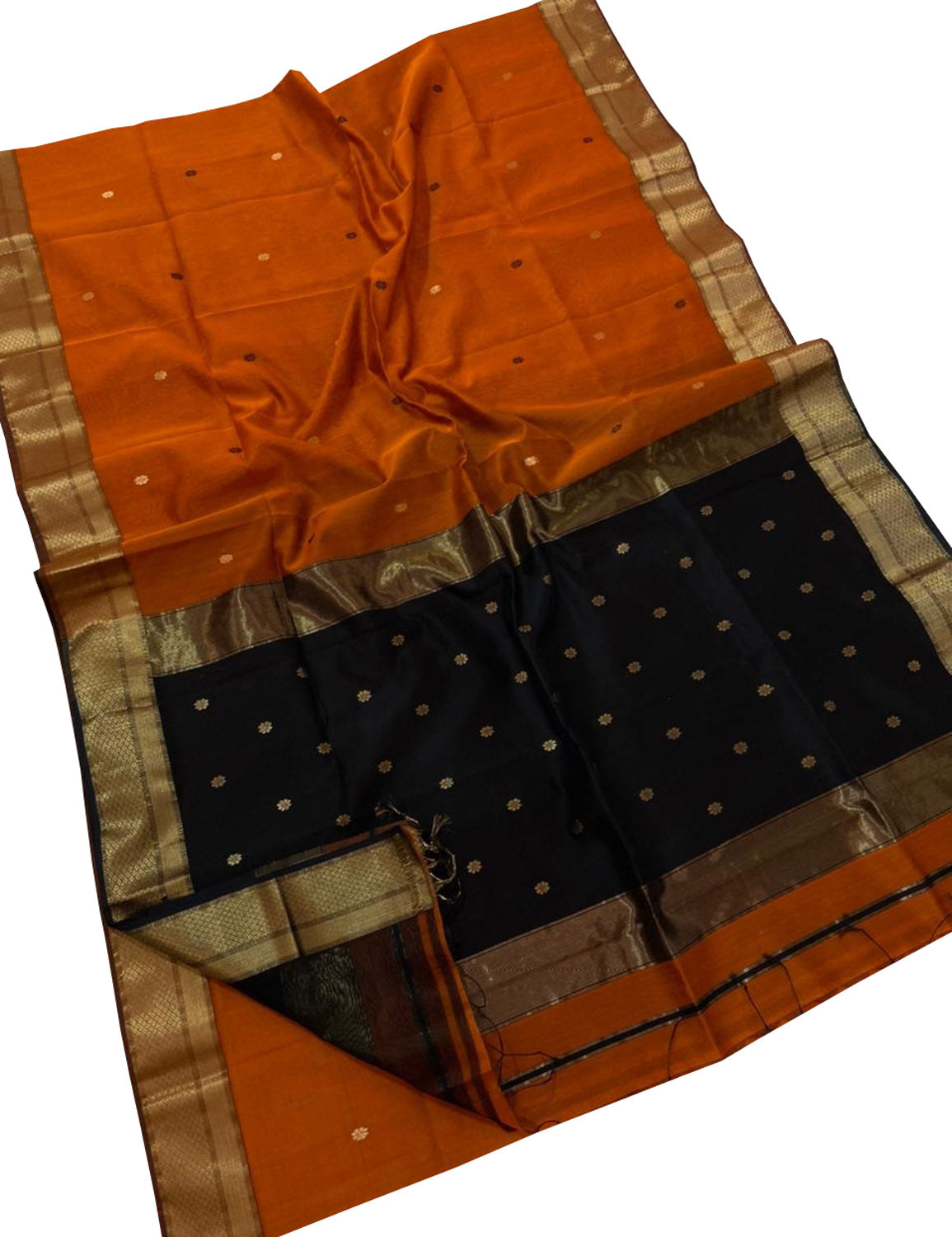 Stunning Orange and Black Maheshwari Silk Cotton Saree - Handloom Beauty - Luxurion World