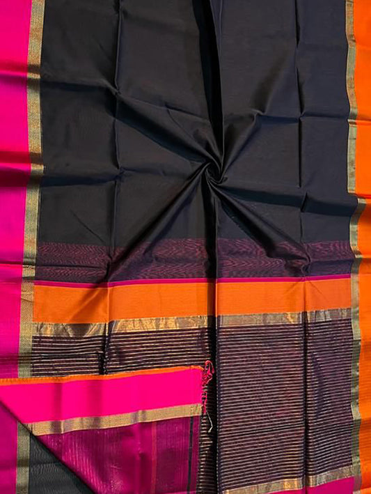 Black Maheshwari Handloom Cotton Silk Saree - Luxurion World