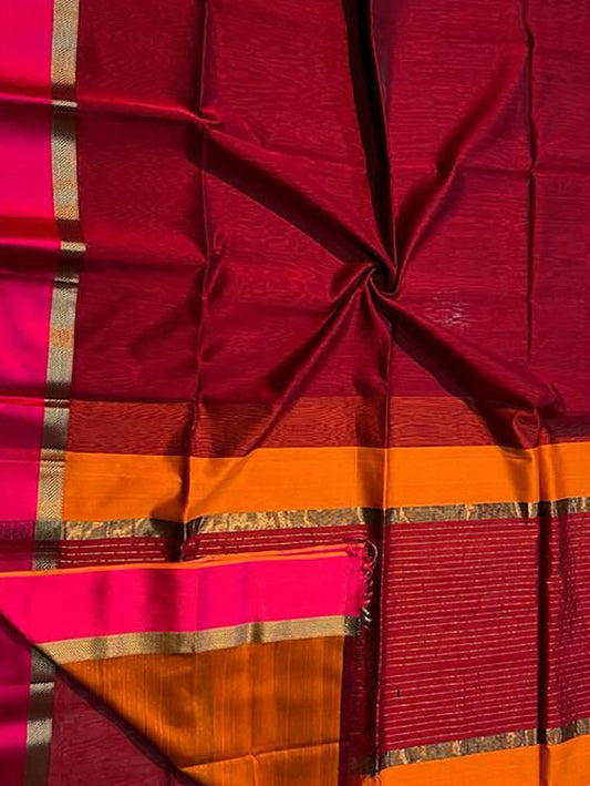 Red Maheshwari Handloom Cotton Silk Saree - Luxurion World