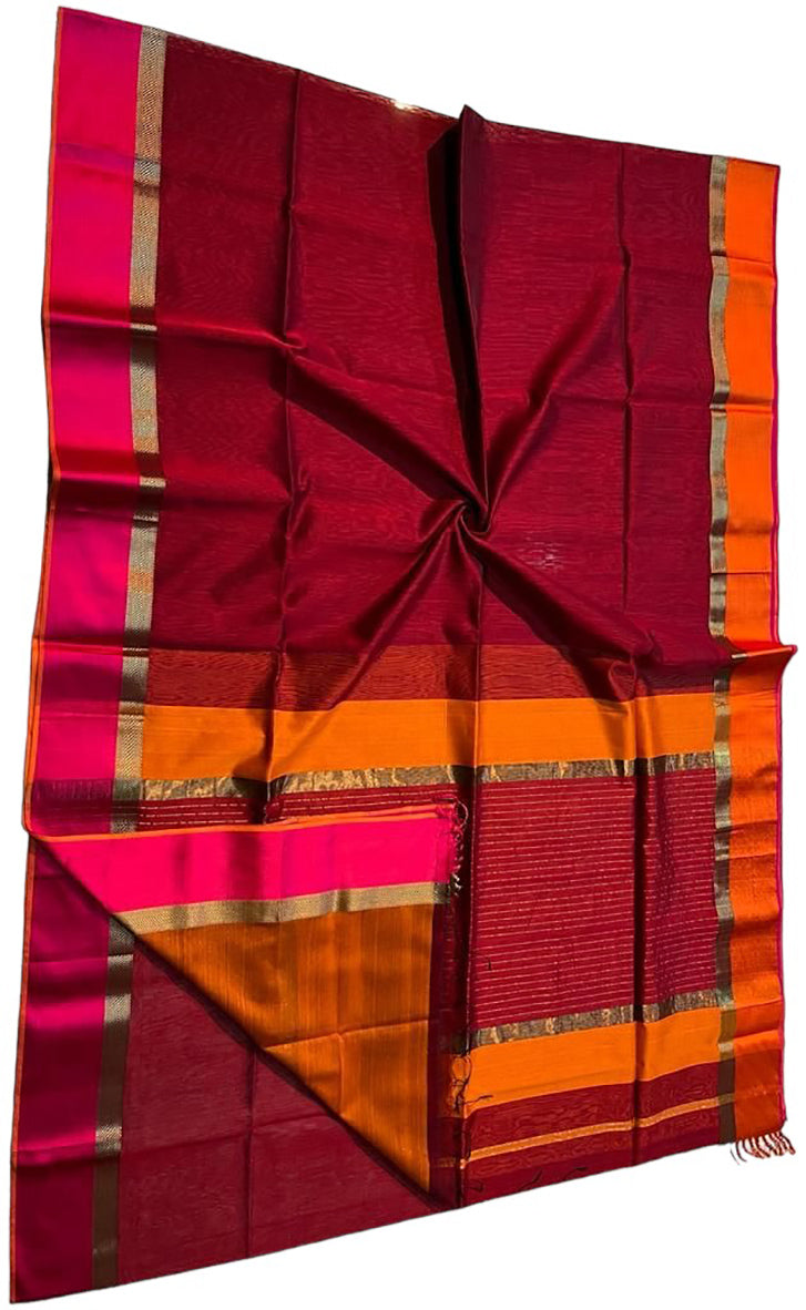 Red Maheshwari Handloom Cotton Silk Saree - Luxurion World
