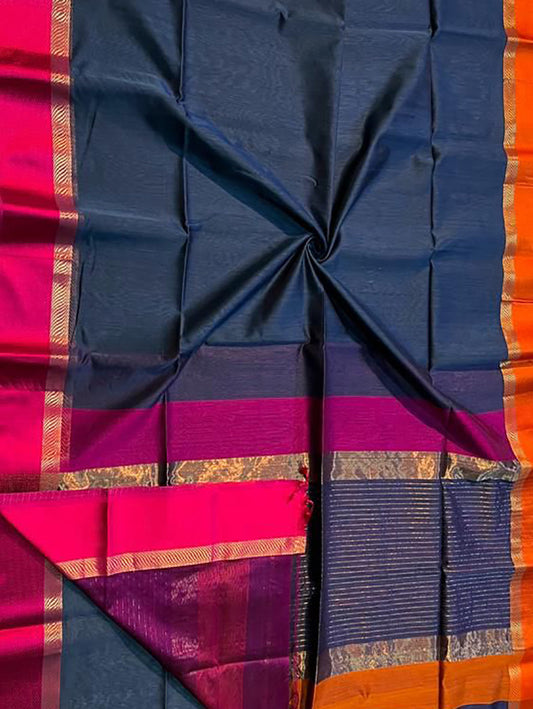 Blue Maheshwari Handloom Cotton Silk Saree - Luxurion World