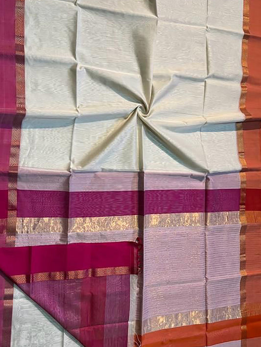 Off White Maheshwari Handloom Cotton Silk Saree - Luxurion World