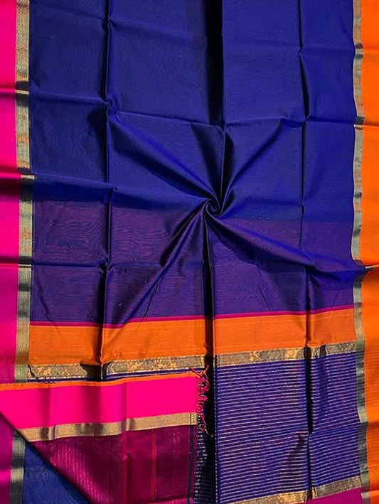 Blue Maheshwari Handloom Cotton Silk Saree - Luxurion World