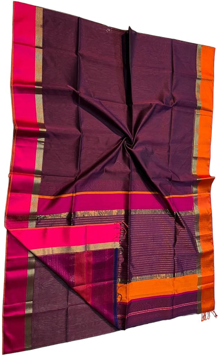 Purple Maheshwari Handloom Cotton Silk Saree - Luxurion World