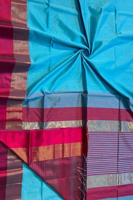 Blue Handloom Maheshwari Silk Cotton Saree - Luxurion World