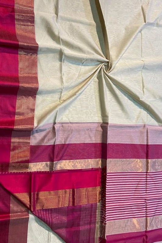 Off White Handloom Maheshwari Silk Cotton Saree - Luxurion World