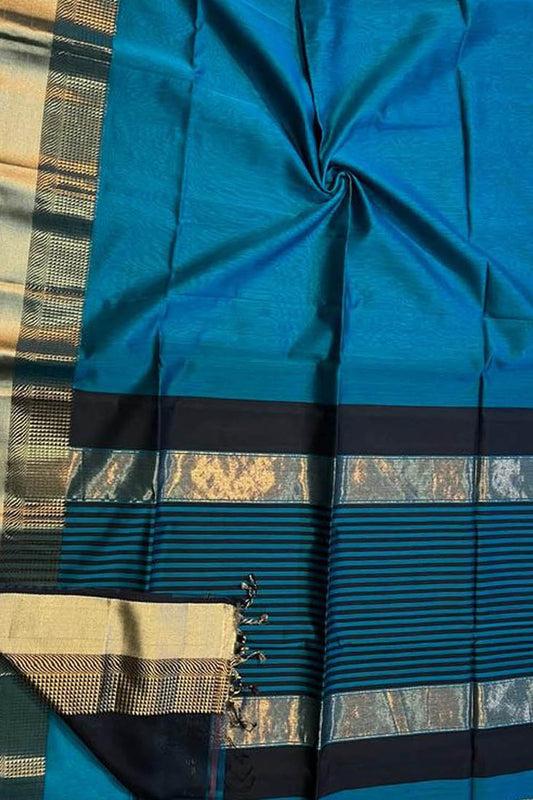 Blue Handloom Maheshwari Silk Cotton Saree - Luxurion World