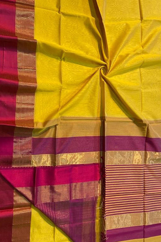 Yellow Handloom Maheshwari Silk Cotton Saree - Luxurion World