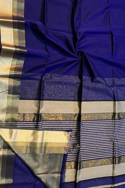 Blue Handloom Maheshwari Silk Cotton Saree - Luxurion World