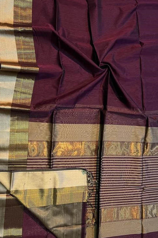 Brown Handloom Maheshwari Silk Cotton Saree - Luxurion World