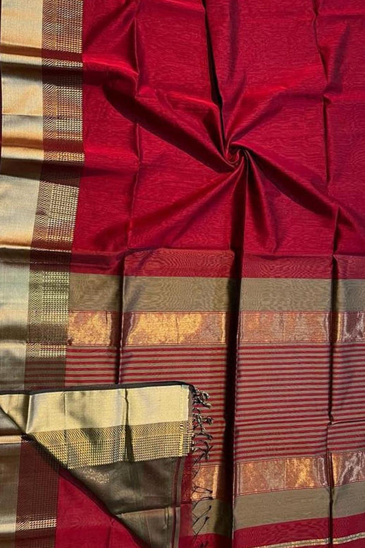 Red Handloom Maheshwari Silk Cotton Saree - Luxurion World