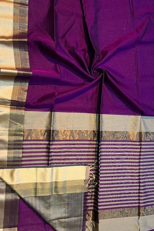 Purple Handloom Maheshwari Silk Cotton Saree - Luxurion World