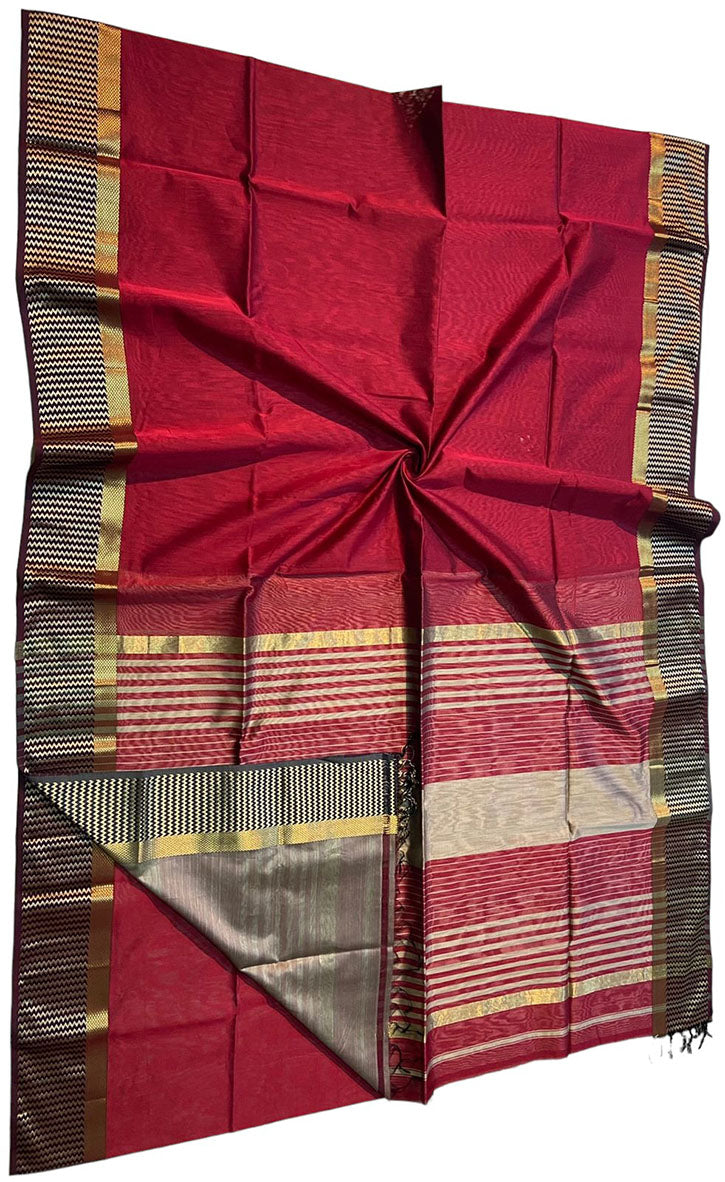 Red Handloom Maheshwari Silk Cotton Saree - Luxurion World