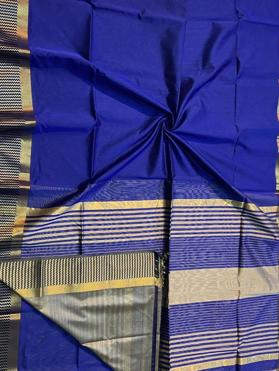 Blue Handloom Maheshwari Silk Cotton Saree - Luxurion World