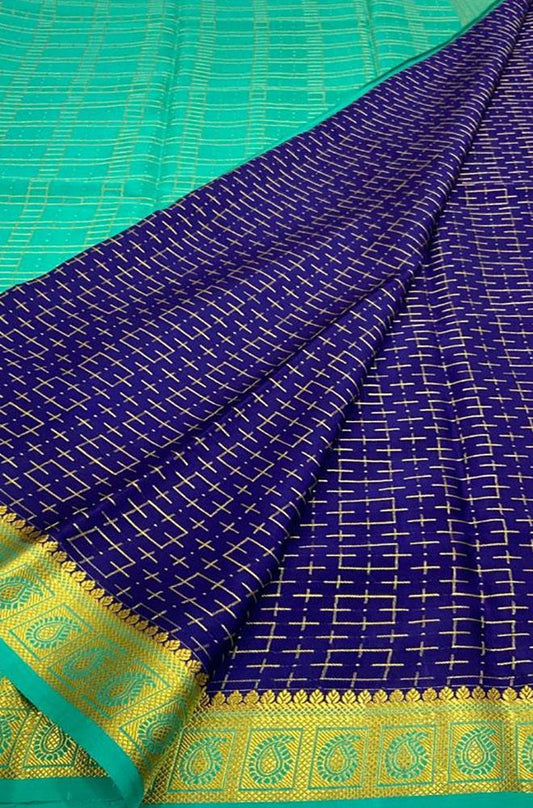 Blue Handloom Mysore Crepe Silk Saree - Luxurion World