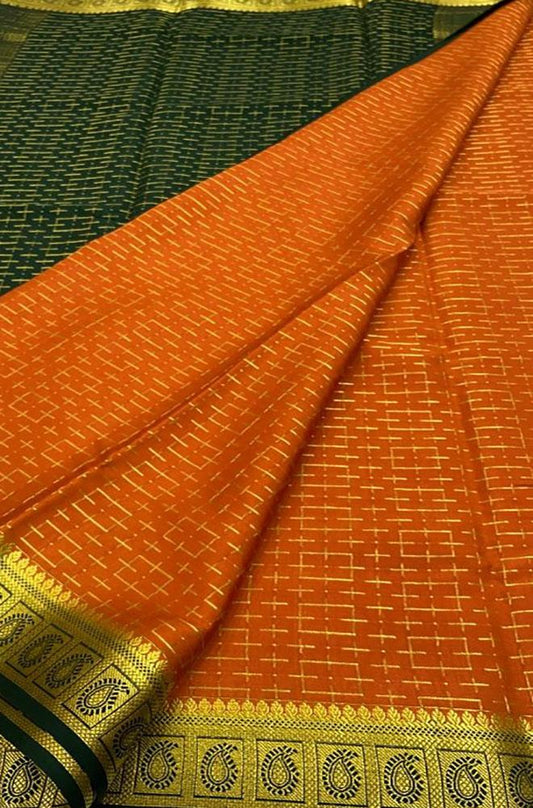 Orange Handloom Mysore Crepe Silk Saree - Luxurion World