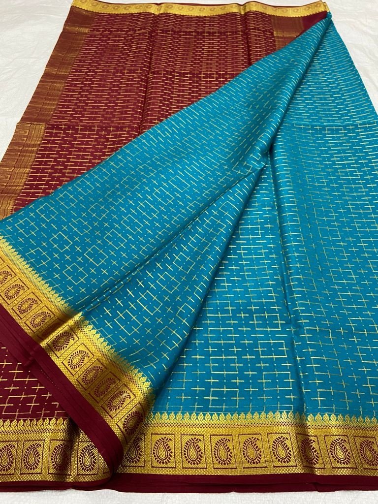 Blue Handloom Mysore Crepe Silk Saree - Luxurion World
